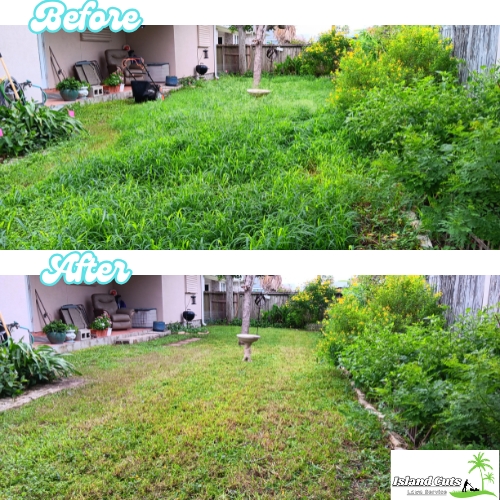 Before and after photos showing a lawn transformation by Island Cuts Lawn Service; the top image displays overgrown grass and weeds, while the bottom image shows the same yard neatly mowed and maintained.