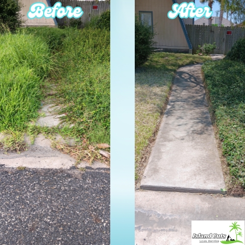 Before and after photos showing the transformation of a walkway by Island Cuts Lawn Service, from overgrown grass to a clear, well-maintained path.