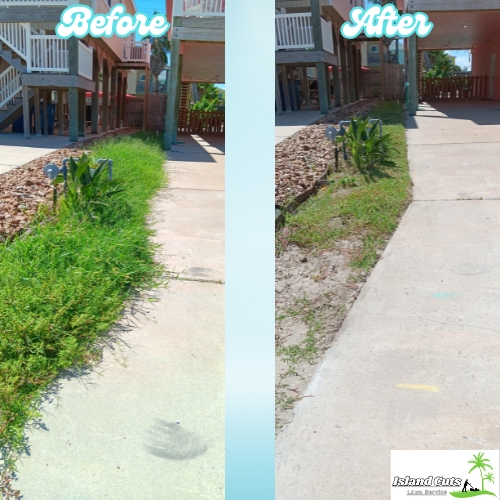 Before and after photos of a beachside walkway, showing a transition from an overgrown edge to a neatly trimmed and clear path.