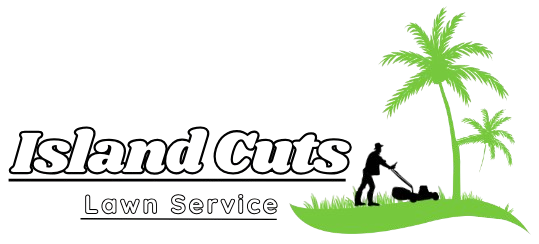 Logo of Island Cuts Lawn Service featuring a silhouette of a person mowing a lawn under palm trees on a small island.