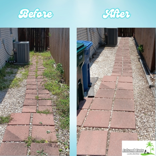 Before and after comparison of a pathway with overgrown weeds cleared to reveal clean, orderly pavers.