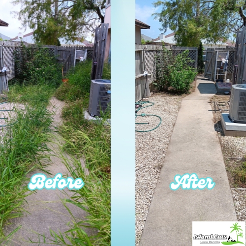 Before and after photos showing the transformation of a residential pathway from overgrown with grass and weeds to a clean, graveled walkway.