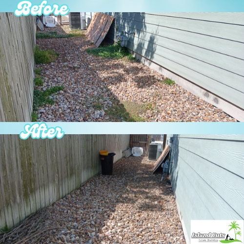 Before and after transformation of a side yard pathway with weeds and debris cleared to reveal a clean gravel area.