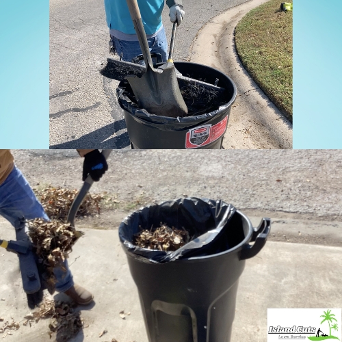 Efficient debris removal in action by Island Cuts Lawn Service, showcasing an employee clearing and disposing of leaves and twigs into a garbage bin.