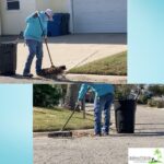 Island Cuts Lawn Service worker sweeping debris into a garbage bin on a sunny day.