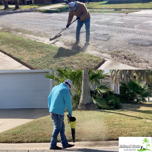 Island Cuts Lawn Service worker cleaning gutters and sidewalks to maintain neighborhood cleanliness.